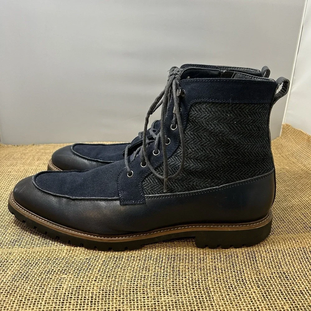 La Milano Hearth Mens Navy Leather Suede Herringbone Lace Up Boots 8521145K 12